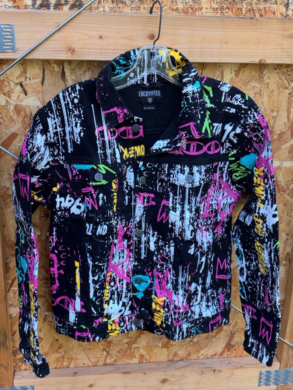Encrypted Kids' Black Graffiti Jean Jacket - Multi Color Accents Neon